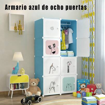 Armario de almacenamiento de dibujos animados simple y moderno, armario de plástico para dormitorio, 8 puertas, rosa y azul