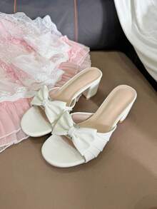 Cute New Thick Heel Round Toe Sandals With Bow Tie, Elegant & For Party, Prom, Banquet - White - View 4