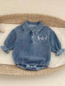 New Spring/Autumn Baby Clothes, Cute Infant Romper, Denim Jumpsuit With Canvas Bear Embroidery, Long Sleeve Crawler - Blue - View 2