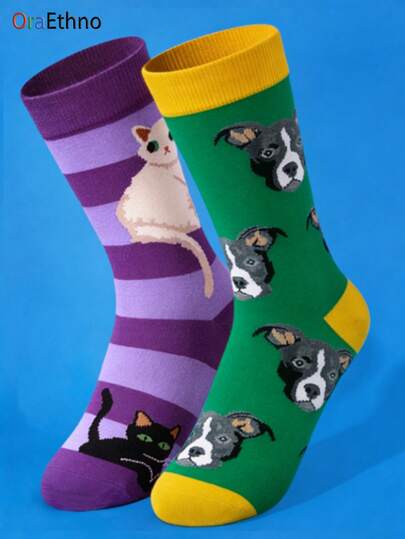 1 Pair Of Men's Cute Cat & Dog Theme Cartoon Printed Contrasting Color Mid-Calf Socks - Soft Sweat-Absorbing Odor-Resistant Comfortable Warm Fun Socks, Unique Gifts For Men/Dads/Sons/Husbands/Boyfriends/Pet Lovers On Birthdays/Halloween/Christmas, Perfect Fall & Winter Casual & Daily Wear Socks By OraEthno