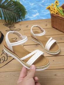 1双少女米色厚底凉鞋，圆头厚底时尚凉鞋，夏季舒适轻便编织绳童鞋，适合上学和日常穿着 - 白色 - 查看 11