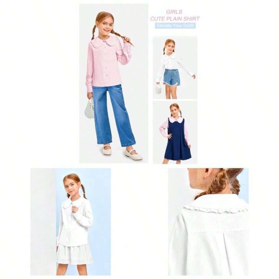 Collar Shirt Classic Long Sleeve Button Down Uniform Shirts Soft Blouse Tops - 9-10 Years + White - View 1