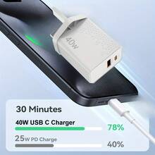 40W USB插头适配器（英国），双口USB墙式充电器，支持USB-C和QC3.0快充，适用于安卓手机快速充电（含USB-C数据线），高速USB-C和USB-A电源适配器，适用于多人充电、多设备充电、家庭充电需求以及办公桌等多种场景，多端口高输出功率。 - 英規插(220-240V) - 查看 5