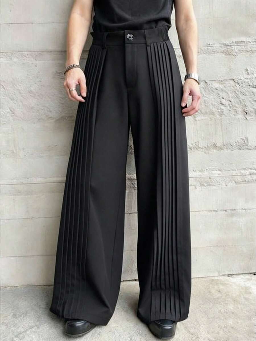男士黑色阔腿裤，褶裥设计，街头风长裤 - 黑色 - 查看 1