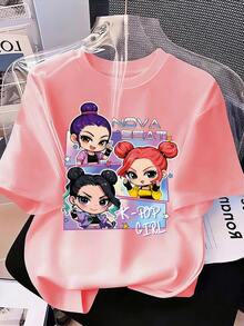 少女卡通人物图案印花短袖T恤 - 粉色 - 查看 3