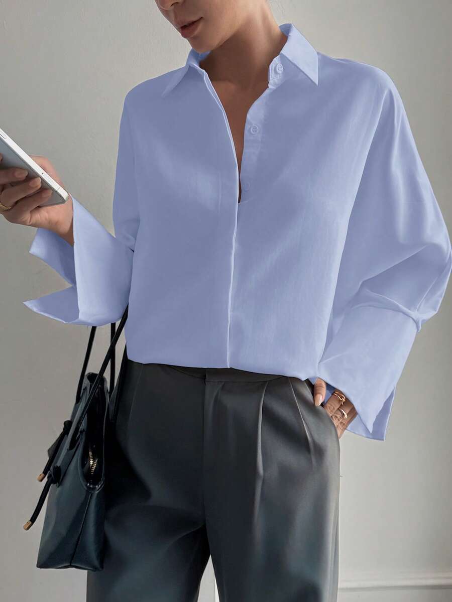 女士法式纯色衬衫，复古魅力，长袖商务面试通勤休闲简约优雅衬衫，适合日常穿着、居家穿着、街头风格，是女士冬季穿搭的理想之选。情人节、新年礼物。 - 藍色 - 查看 1