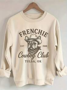 Women'S French Bulldog Graphic Sweatshirt - Retro Cowboy Frenchie & Tulsa OK Design, Soft Breathable Round Neck Pullover, Casual Long Sleeve Dog Lover Sweater For Casual Attire - 杏色 - 查看 4