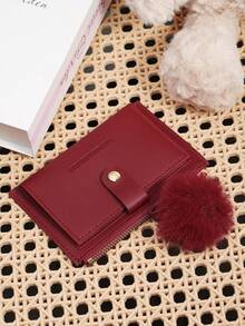 With A Pom-Pom Charm,Wine Red Letter Detail Fold Over Small Wallet Pocket Wallet Small Purse Bifold Slim Women Wallet Lightweight Portable Credit Card Key Case Short Wallet Cute Modern Fashion For Birthday Gift Christmas Anniversary Women Girls Lady,Business,For Anniversary,For Christmas,On Valentine Day,For Birthday Gift,For Gift,For Lover For Women,For Girls,For Lady,For Female,Bag School Supplies For School Dorm Room & Back To School - Burgundy - View 11