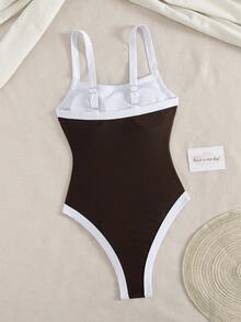 新款时尚优雅休闲简约撞色女士连体泳衣，适合水疗、海滩度假、夏季旅行、海滩派对 - 咖啡棕 - 查看 4