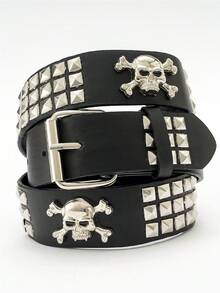 1件男女通用纯色朋克摇滚铆钉水钻亮片装饰时尚腰带 - 大骷髏 - 查看 1