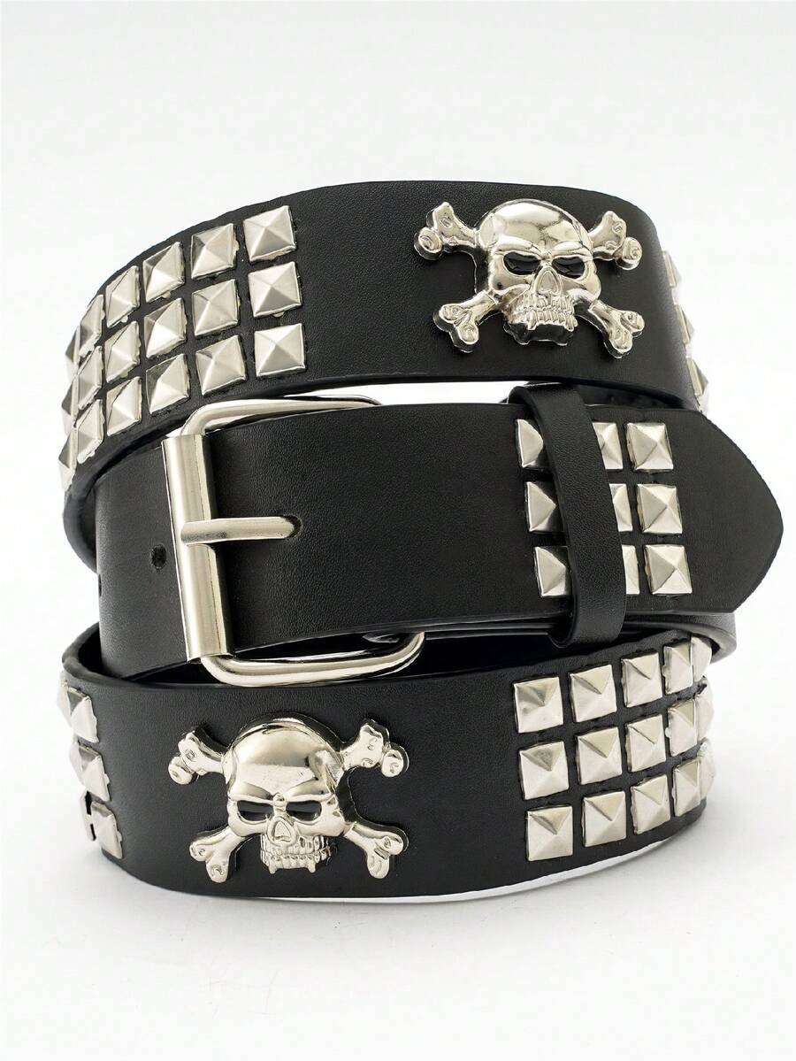 1件男女通用纯色朋克摇滚铆钉水钻亮片装饰时尚腰带 - 大骷髏 - 查看 1