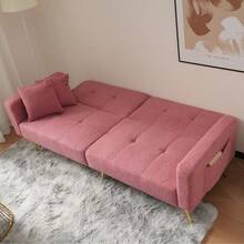 Convertible Sherpa Sofa Bed With Adjustable Backrest, Gold Metal Legs And Side Pockets - Pink + Foam + 2 Seat - View 5