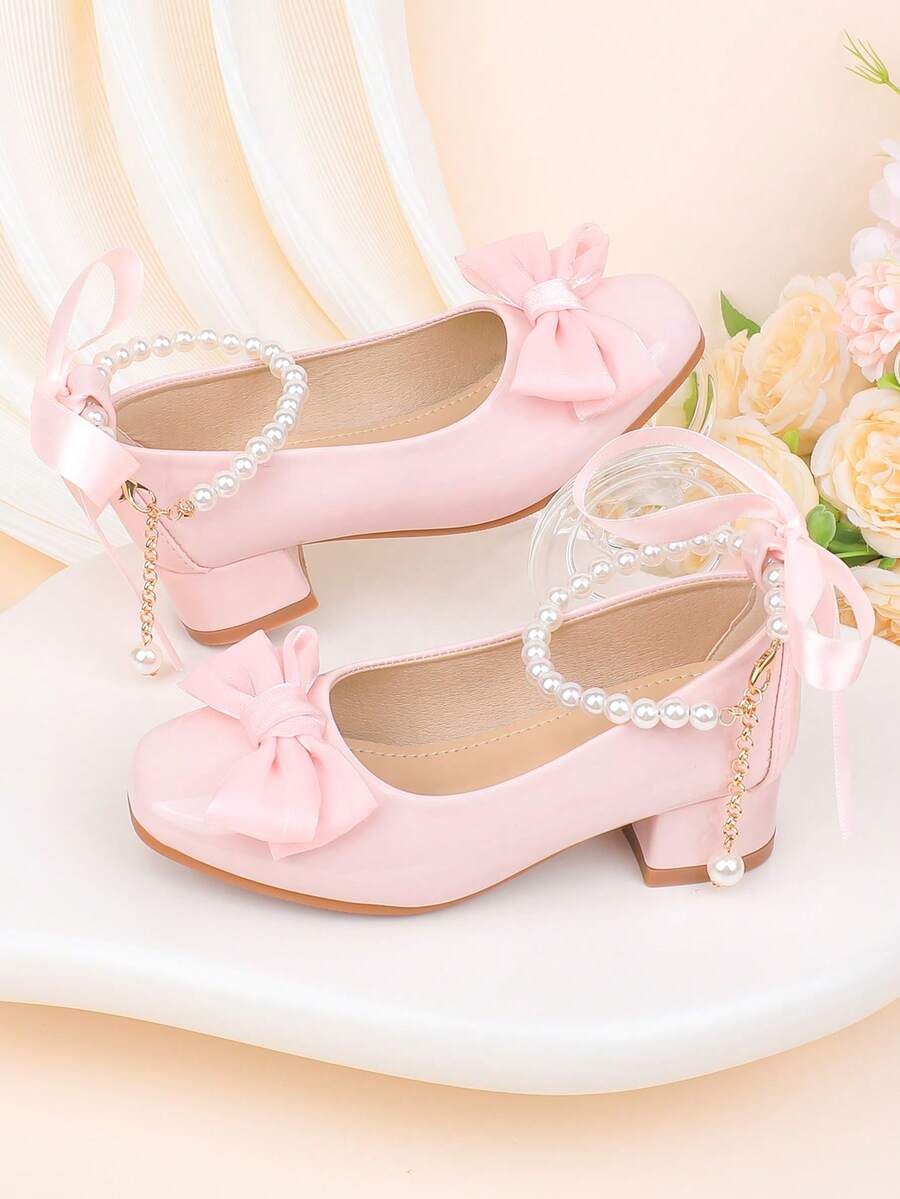 女童时尚粉色简约蝴蝶结珍珠装饰粗跟礼服鞋，适合正式场合、派对、婚礼、演出、芭蕾舞、公主风，舒适经典百搭，适合幼儿、小女孩和大女孩。 - 粉色 - 查看 1