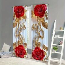 2pcs Elegant Golden Leaf & Red Rose Printed Curtains - 2D Flat Print, Privacy Curtains Suitable For Living Room, Bedroom, Office And Home Decor, Valentine's Day Curtains - Multicolor - View 6