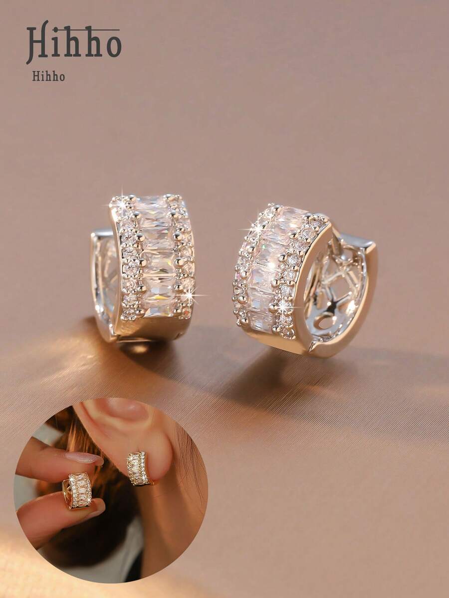 Hihho 1 Paar rechteckige Ohrringe mit kubischem Zirkonia, Goldfarbene Basis mit Silber Pavé-Fassung, geometrisches breites Design mit dichtem funkelndem Akzent, geeignet für formelle Anlässe und den Alltag - Vollzirkonium-Ohrringe - Übersicht 1