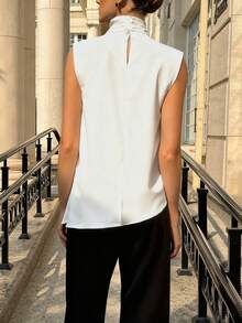 Women's Casual Elegant Fashion Versatile Solid Color High Neck Sleeveless Asymmetric Hem Ruched Design White Satin Blouse, Suitable For Spring And Summer - White - View 7