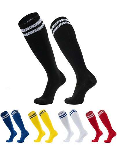3 Pairs Kids Knee-High Football Socks, Striped Long Tube Sports Socks, Made Of Polyester Knit Fabric, Suitable For Outdoor Sports For Children Aged 3-12 Years Old, All Seasons