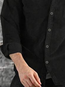Men's Minimalist Formal Corduroy Long Sleeve Button-Up Shirt, Suitable For All Seasons - Black - View 3