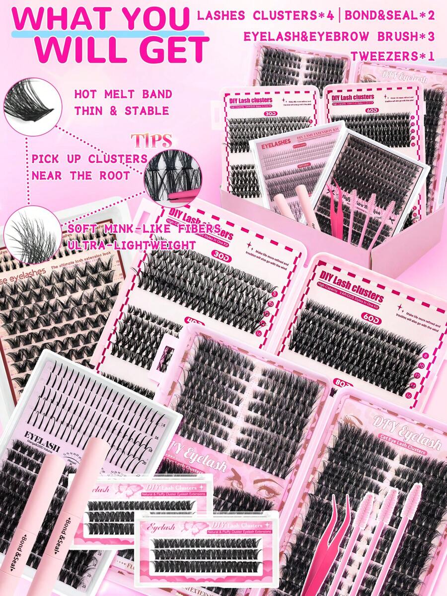 1837根/包 高容量单根假睫毛，D型卷翘，混合款式，长度10-16毫米，DIY假睫毛，自然浓密，轻盈纤细，超级柔软，可重复使用，单根分段式睫毛，睫毛嫁接套装，旅行必备 - 彩色 - 查看 1