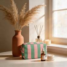 1pc Large Capacity Green & Pink Striped Cosmetic Bag, Portable Travel & Business Toiletry Organizer Bag With Smooth Zipper, Made Of Corduroy, Suitable For Personal Use Or As Holiday & Birthday Gift Makeup Bag Make Up Organizer Toiletry Bag Makeup Storage Makeup Pouch Wash Bag Toiletry Travel Bag Vacation Essentials For Travel Gifts For Women - Multicolor - View 2