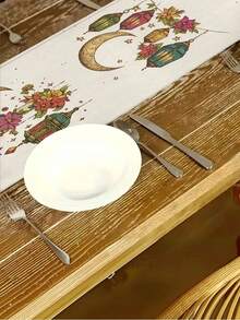 1件复古月亮、灯笼和花朵图案桌旗 - 节日派对装饰，适用于厨房和餐厅，斋月家居装饰，涤纶编织面料，是伊斯兰庆典和节日餐桌布置的理想之选 | 新月形设计 | 精致工艺，伊斯兰家居装饰 - 玫紅色 - 查看 6