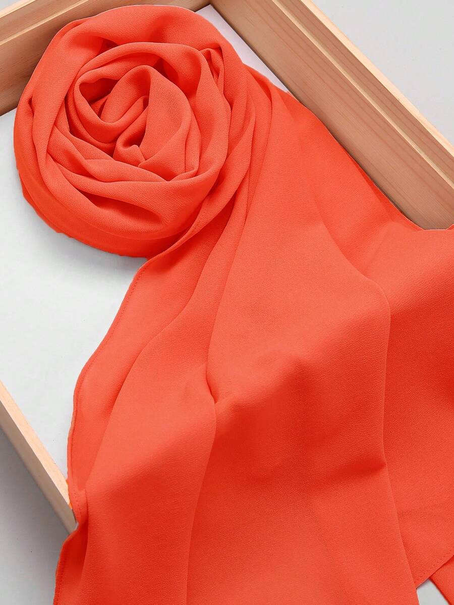 1pc Solid Color Fashionable Textured Chiffon Rectangular Scarf/Hijab,Beach,Holiday - Orange - View 1