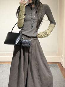 Jersey de cuello alto con diseño de bloques de color, para mujer, gris, para otoño/invierno y primavera casual - Gris - Ver 3