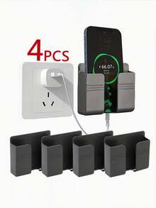 4pcs Black Plastic Wall-Mounted Phone Stand With Storage Box & Remote Control Holder, Can Charge At The Bottom, Wall Shelf - Black - View 9