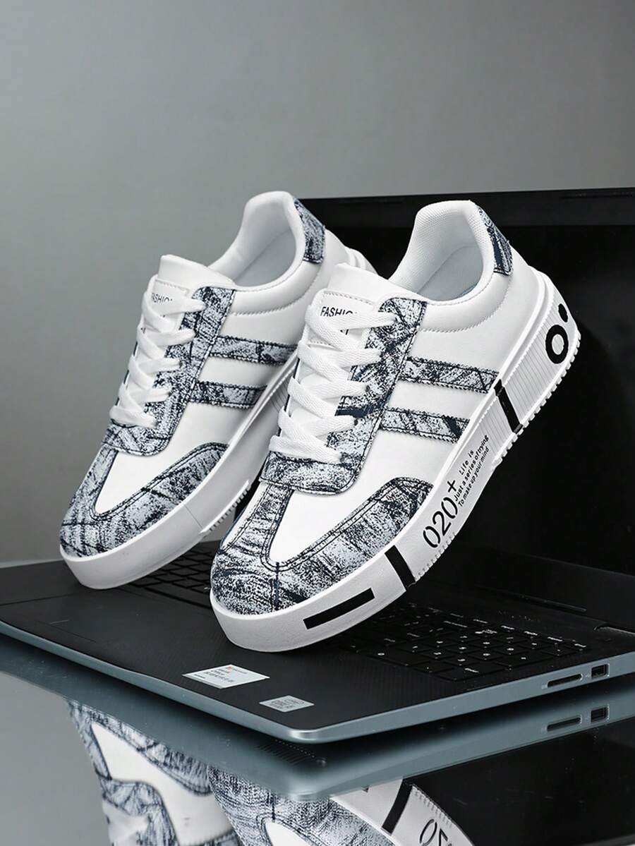 情侣休闲运动鞋，轻便百搭涂鸦印花户外训练鞋，时尚厚底舒适日常休闲鞋 - 白色 - 查看 1