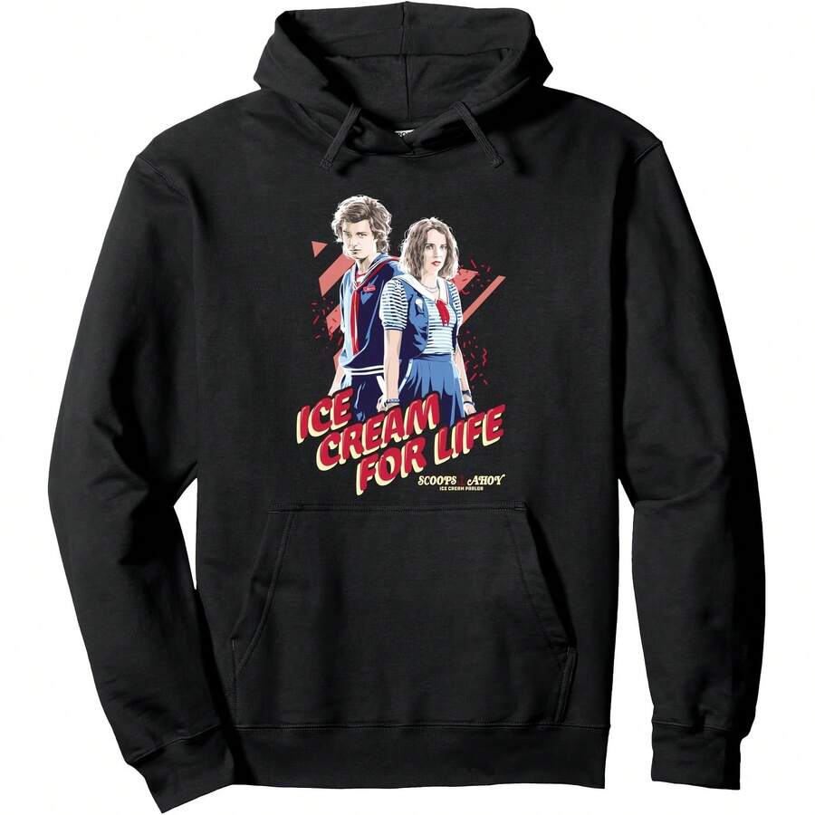 Stranger Th*Ngs Steve Robin Ice Cream For Life Chest Poster Pullover Hoodie - Women Pullover Hoodie 60% Cotton 40% Polyester Casual Sports, Daily Fashion, Loose Fit, Party Outfits,Gift, Unisex Style, Black,S-3XL - 黑色2 - 查看 1