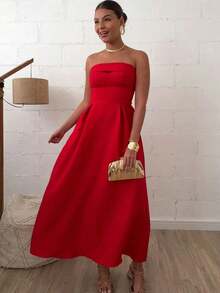 Women's Midi Strapless Tailored Dress With Draped Cups - Red - View 1