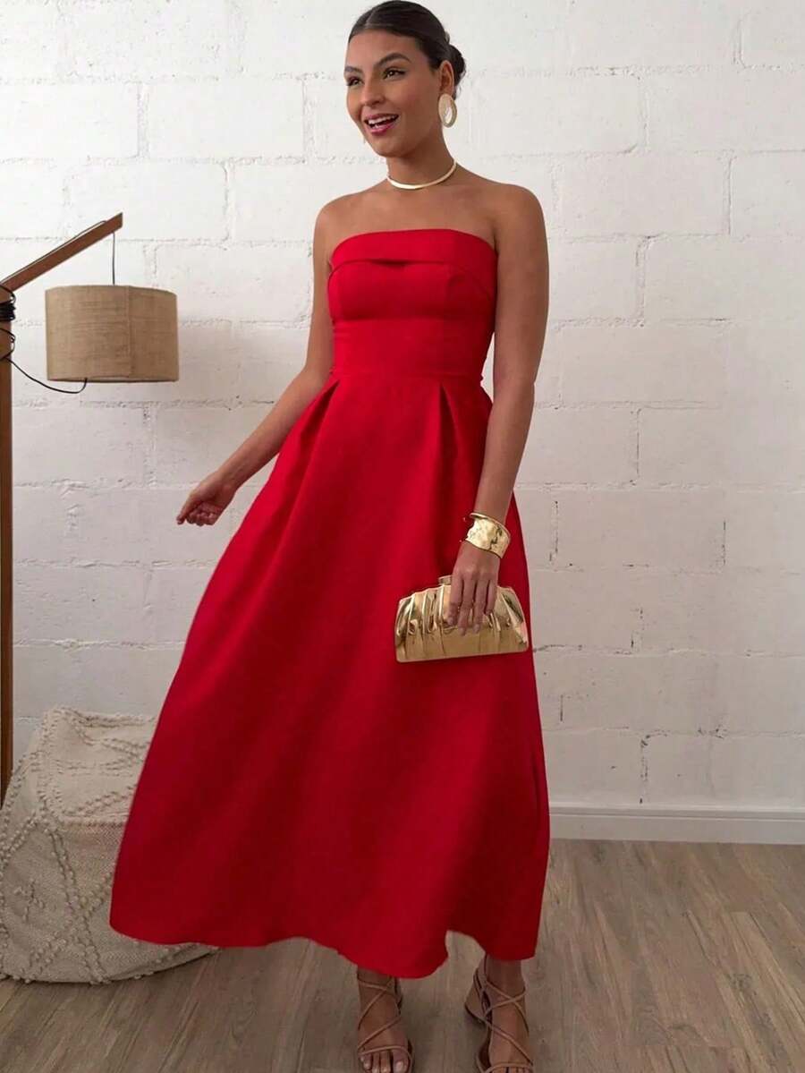 Women's Midi Strapless Tailored Dress With Draped Cups - Red - View 1
