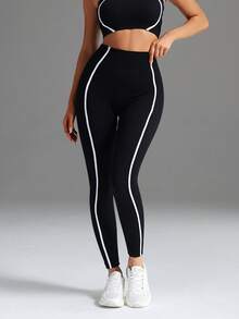 Quần legging yoga không đường may, co giãn cao, ôm bụng, cạp rộng, quần bó thể thao với viền tương phản. - màu đen - Xem 7