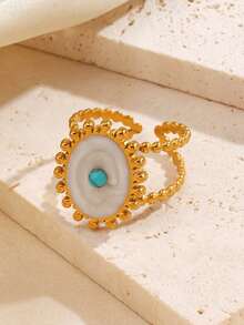 1 Peça Anel Geométrico Oval Branco de Óleo Gotejante de Aço Inoxidável, Adequado para Uso Diário de Mulheres - Multicolorido - Visão 2