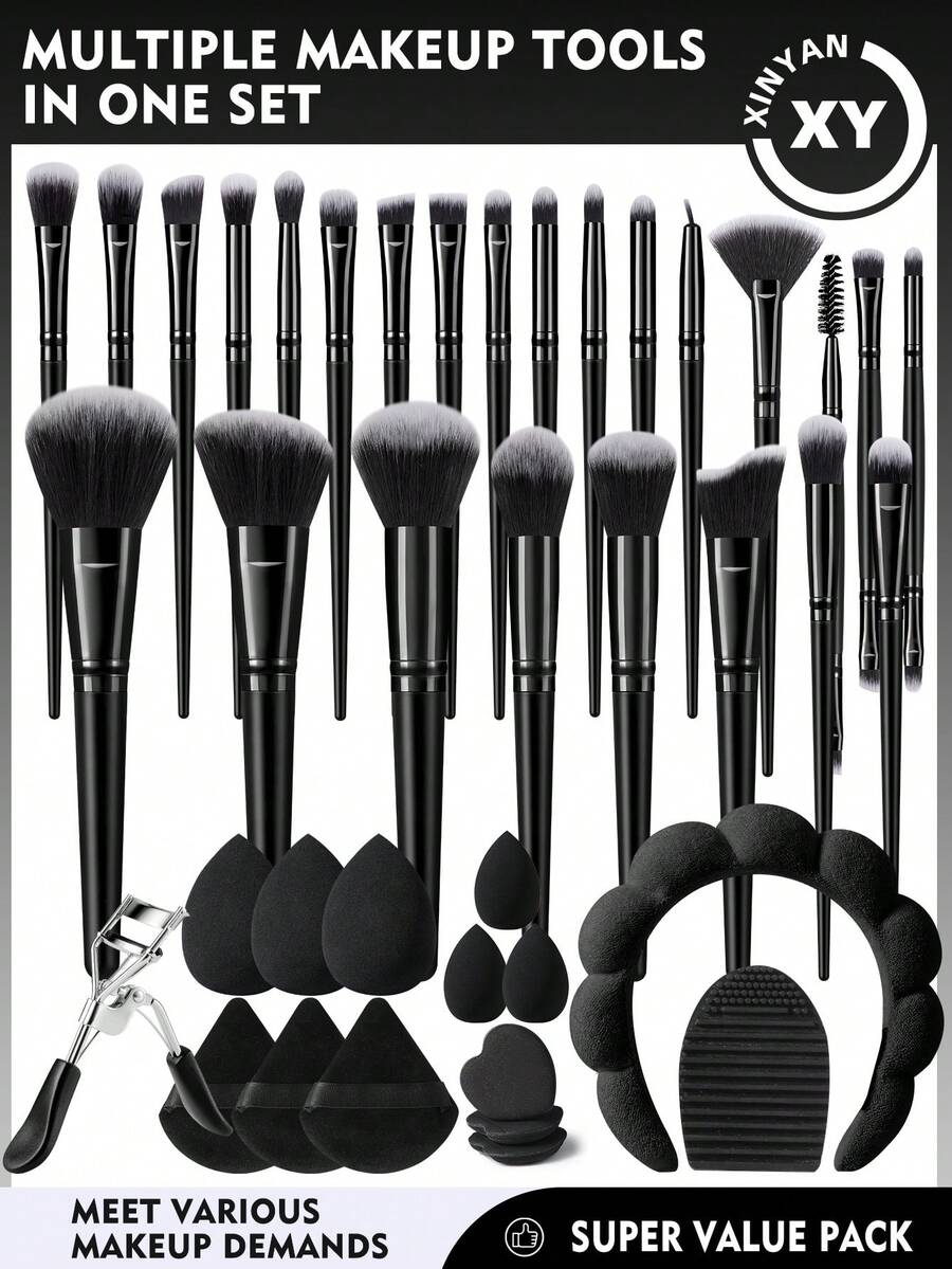 40pcs Makeup Brush And Makeup Sponge Tool Full Set Combination Kit.Includes 25pcs Makeup Brush 3pcs Makeup Sponges 3pcs Makeup Puff Sponge Triangle 3pcs Mini Makeup Sponge 1pc Makeup Brush Cleaner Bowl 3pcs Finger Puff 1pc Headbands 1pc Eyelash Curler - Black - View 1