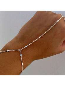 1pc Fashion Bohemian Flattened Chain Ring Chain, Small Round Link Chain, Stainless Steel Material, Color Guaranteed, Continuous Ring Bracelet, Suitable For Women's Daily Wear (Diamond Color Random) - Flattened Bracelet - View 4