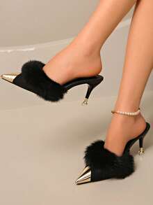 女士黑色毛绒高跟鞋,时尚猫跟尖头穆勒鞋,优雅套脚高跟鞋,尖头高跟鞋,纯色正装鞋,适合搭配连衣裙和旗袍,秋冬季 - 黑色 - 查看 7