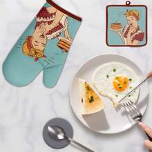 一套涤纶卡通人物系列耐热手套和隔热垫，家用厨房耐热手套，烘焙手套，耐热垫，桌面保护垫，耐热手套套装，适合感恩节、万圣节等场合。