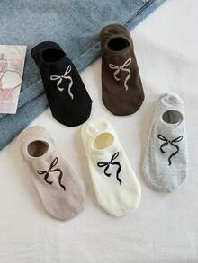 5双装女士甜美蝴蝶结简约船袜，隐形休闲款，适合日常穿着和外出，四季皆宜 - 彩色 - 查看 7