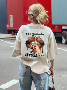 夏季新款简约时尚INS吸睛美式咖啡手势印花休闲圆领短袖T恤，时尚百搭女式上衣 - 杏色 - 查看 11