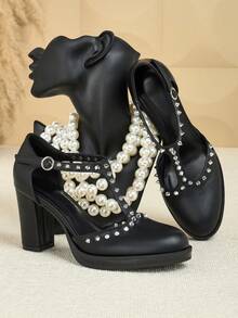 SVRM 女士时尚百搭厚底镂空粗跟T字带铆钉复古办公室通勤日常休闲约会派对优雅高跟凉鞋 - 黑色 - 查看 5