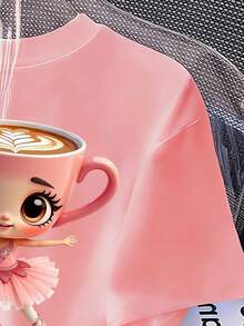 少女卡通印花圆领落肩休闲宽松T恤 - 粉色 - 查看 6