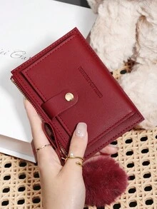 With A Pom-Pom Charm,Wine Red Letter Detail Fold Over Small Wallet Pocket Wallet Small Purse Bifold Slim Women Wallet Lightweight Portable Credit Card Key Case Short Wallet Cute Modern Fashion For Birthday Gift Christmas Anniversary Women Girls Lady,Business,For Anniversary,For Christmas,On Valentine Day,For Birthday Gift,For Gift,For Lover For Women,For Girls,For Lady,For Female,Bag School Supplies For School Dorm Room & Back To School - Burgundy - View 2