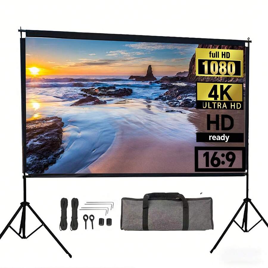 Projector Screen With Stand 100 120inch 16:9 4K 1080 HD Portable Projection Screen For Home Office Theater Cinema - White - View 1