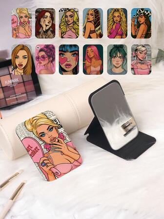 1pc Foldable Compact Vanity Mirror, Lightweight & Portable Hand Mirror, PU Leather, Suitable For All Occasions, Featuring Fashionable Urban Lady Pattern Design, 180° Flip Cover, Multi-Functional