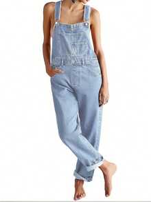 Solid Color Diagonal Pocket Overall Jumpsuit, Casual Adjustable Strap Sleeveless Cross Back Overall Jumpsuit - 淺色水洗藍 - 查看 2