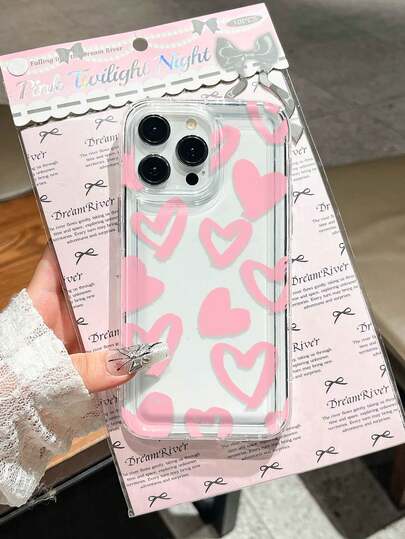 Transparent Phone Case With Pink Heart Pattern Design, Compatible With IPhone 17/16/14/13 Pro Max/12 Pro/11/Xr/Xs/7/8 Plus, S10/S22/A12/A50/A52/S24/A135G And Other Models - Durable TPU Material With Air Cushion