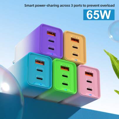 Cargador portátil tipo C de 65 W, puertos USB + 2PD de carga rápida, cargador cuadrado tipo C, elegantes colores degradados, múltiples opciones disponibles.