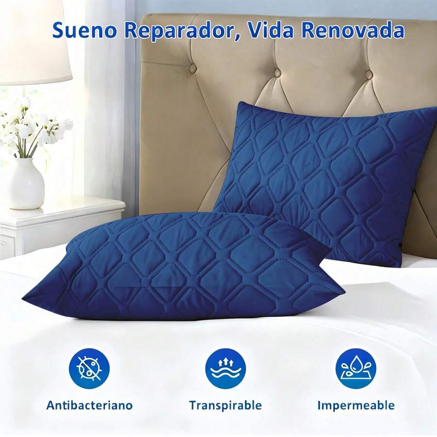 AMOROSA 2 Piezas Fundas para Almohadas Impermeable de 3 Capas con Cierre Tipo Sobre,Funda de Almohada Suave Resistente a las Arrugas y Manchas(Sin Almohada)Ideal para Dormitorios,Sofás,Salas de Estar y Decoración del Hogar y Regreso a Clases-Azul