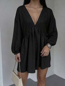 女士休闲打结荷叶边连衣裙，适合日常穿着、派对和户外音乐节，春秋季 - 黑色 - 查看 2